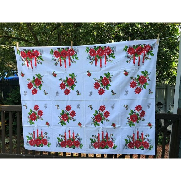 Vintage Christmas Tablecloth Candles Poinsettias red green silver